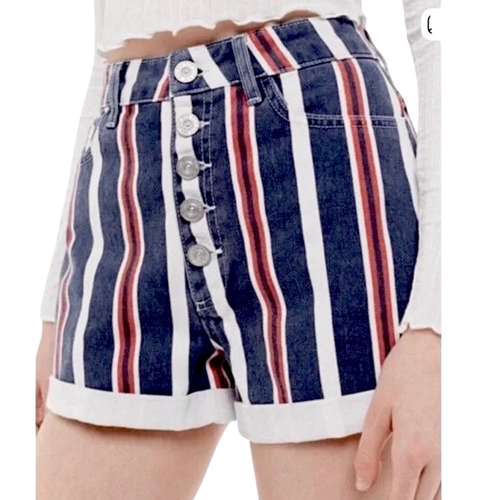 Urban Outfitters BDG Retro Stripe Red White Blue High Waist Mom Button Shorts 30